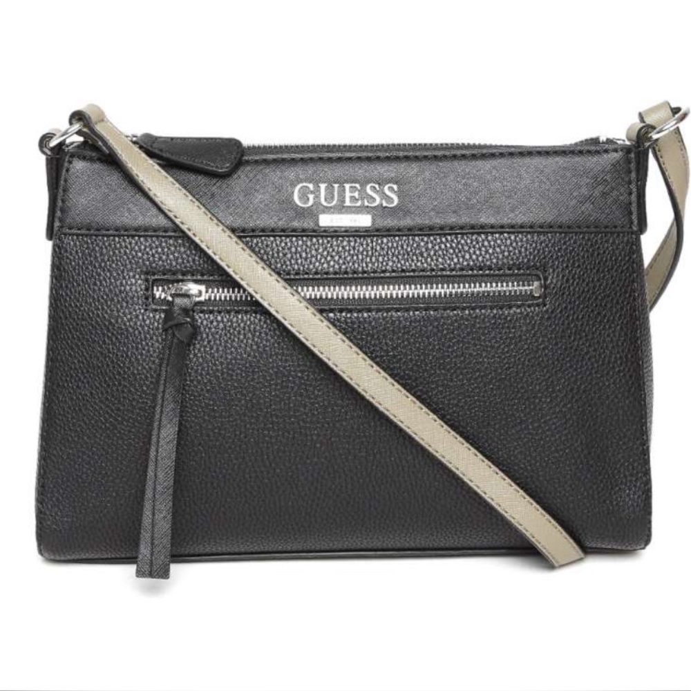 Guess Faux Pebbled Vegan Leather Black Sling Crossbody Bag Taupe Strap LIKE NEW